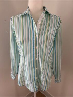 Van Heusen Green & Blue Striped Cotton Button-Down Shirt sz S